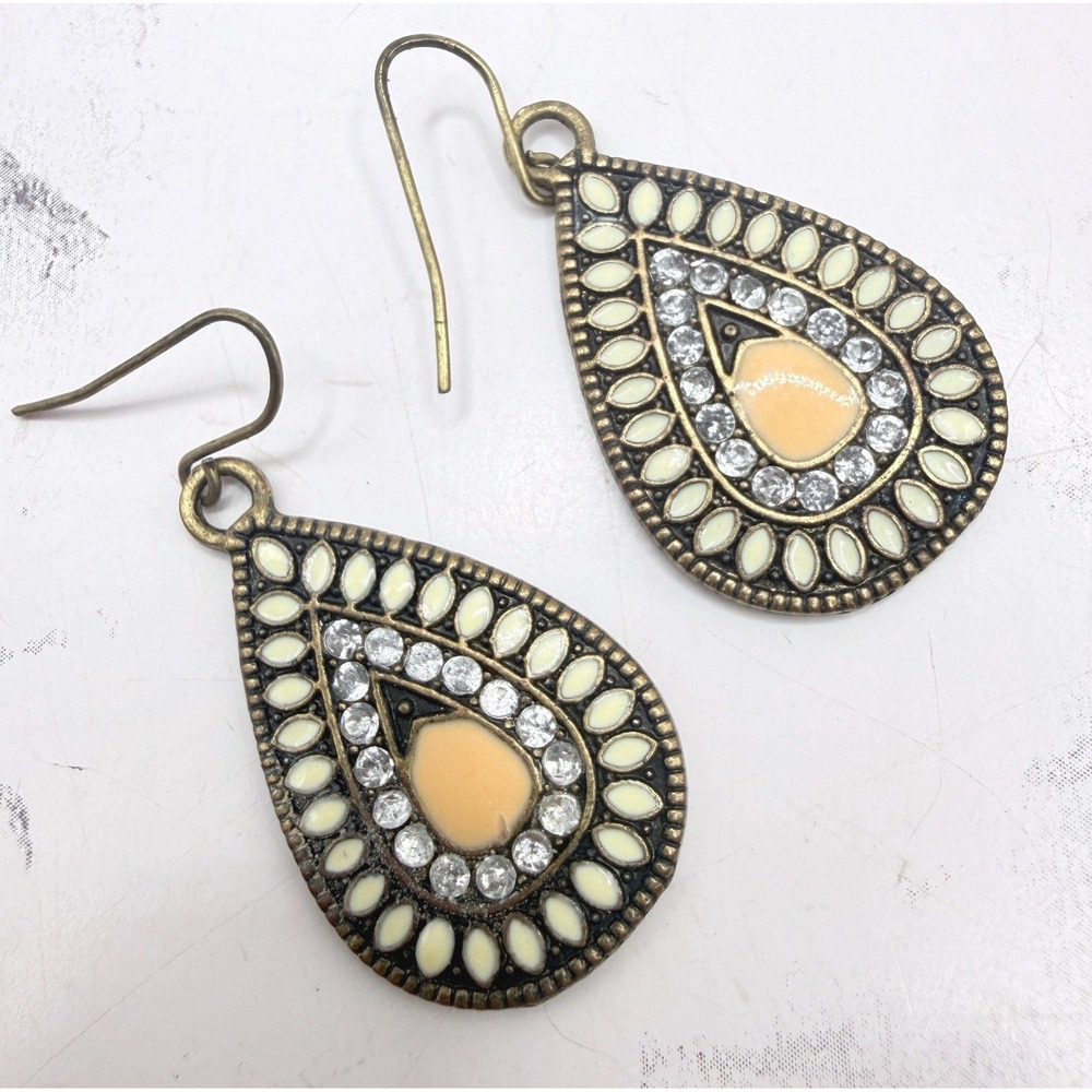 Boho Teardrop Dangle Earrings Cream Peach Rhinestone Wire‎